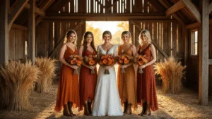 October Bridesmaid Dresses: Your Complete Guide to Fall Wedding Colors Five bridesmaids in flowing autumn-colored dresses stand in a rustic wooden barn, illuminated by golden sunlight, holding bouquets of dried wheat and orange dahlias, wearing soft leather boots, creating a cozy fall atmosphere.