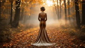 A bride in a champagne velvet gown with long sleeves stands in a misty forest clearing at golden hour, surrounded by autumn leaves and twinkling fairy lights, featuring a dramatic cowl back with gold chain detail, captured from a low angle with ethereal lighting and golden bokeh effects.