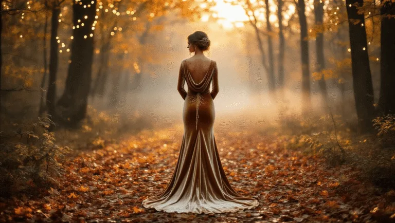 A bride in a champagne velvet gown with long sleeves stands in a misty forest clearing at golden hour, surrounded by autumn leaves and twinkling fairy lights, featuring a dramatic cowl back with gold chain detail, captured from a low angle with ethereal lighting and golden bokeh effects.