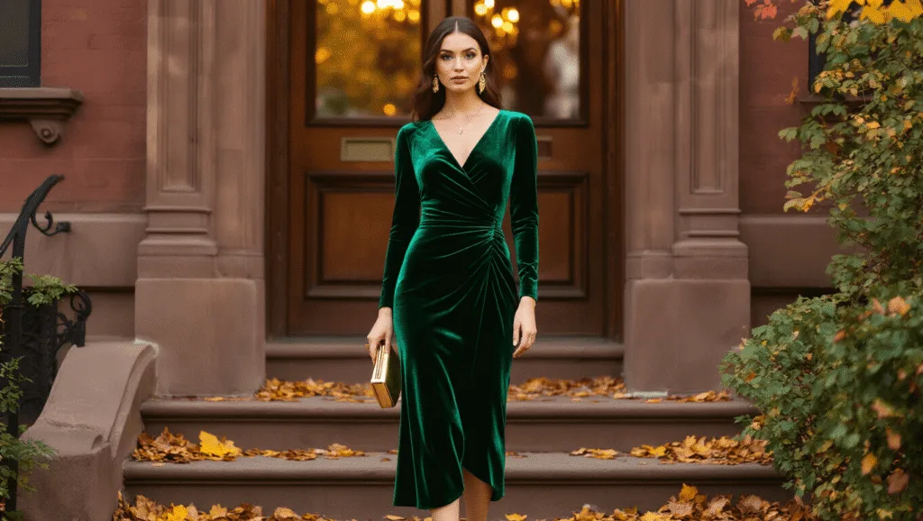 A slim woman in an emerald green velvet midi dress stands in a historic brownstone entryway at golden hour, adorned with gold statement earrings and holding a structured gold clutch, with autumn leaves scattered on the steps.