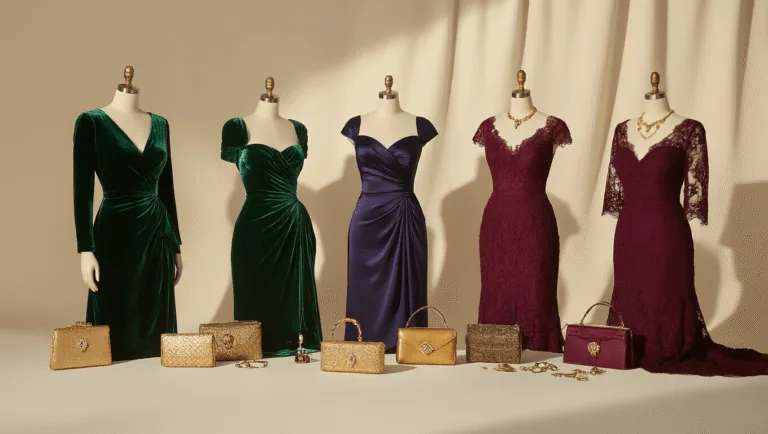 High-fashion editorial image of luxurious fall wedding guest dresses in rich jewel tones, displayed on mannequins against a cream backdrop, with gold and bronze accessories.