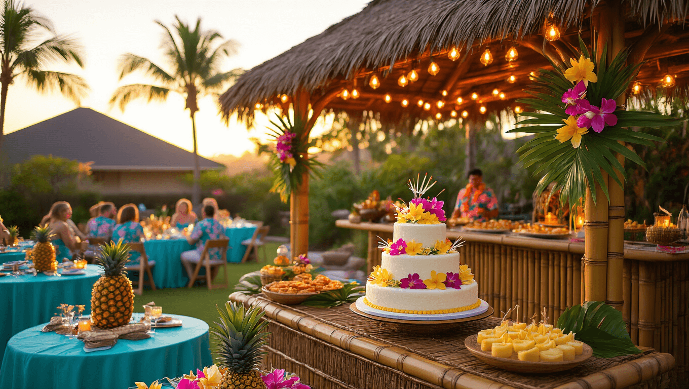 Photorealistic scene of a luxurious backyard luau party at golden hour, featuring a bamboo tiki bar with orchids, turquoise tables with tropical centerpieces, a dessert station with a coconut cake, guests in Hawaiian shirts, and vibrant overhead decor, all bathed in warm, cinematic lighting.