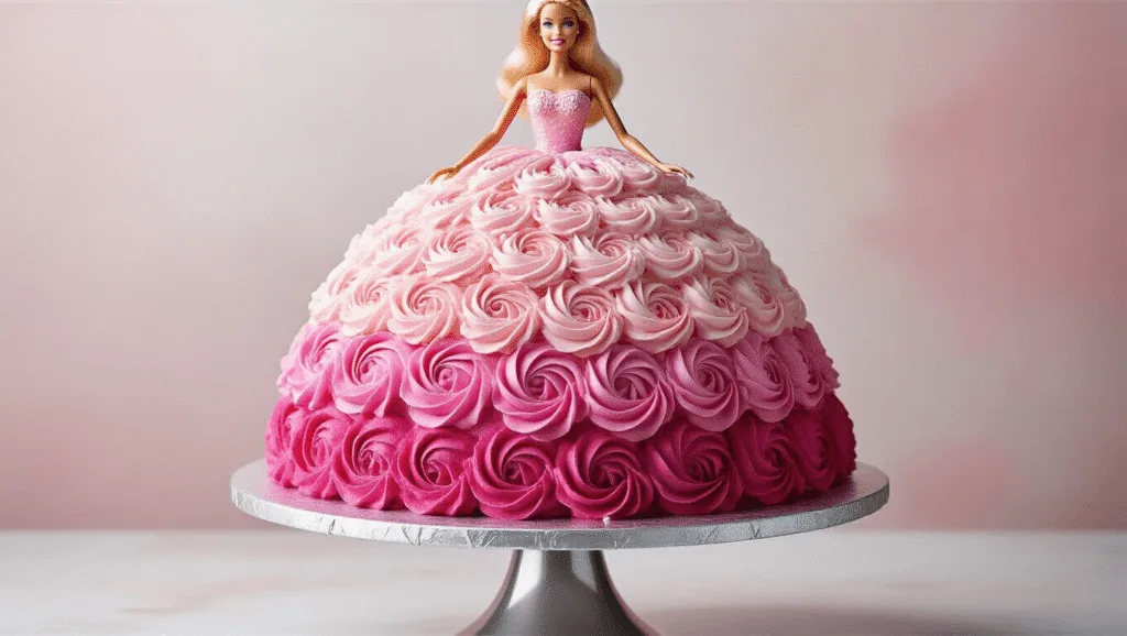 Photorealistic image of a Barbie doll cake on a silver stand, showcasing a bell-shaped skirt made of pink velvet cake with ombre buttercream rosettes, set against a pastel pink background.