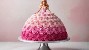 Photorealistic image of a Barbie doll cake on a silver stand, showcasing a bell-shaped skirt made of pink velvet cake with ombre buttercream rosettes, set against a pastel pink background.