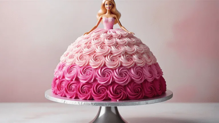 Photorealistic image of a Barbie doll cake on a silver stand, showcasing a bell-shaped skirt made of pink velvet cake with ombre buttercream rosettes, set against a pastel pink background.