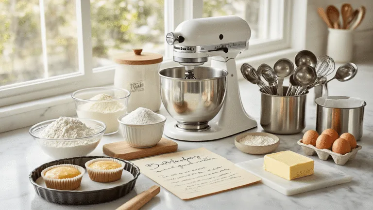 Professional baking station on a white marble countertop, featuring a KitchenAid mixer, organized ingredients in various containers, and a handwritten recipe card, all bathed in warm morning light with a soft bokeh background.