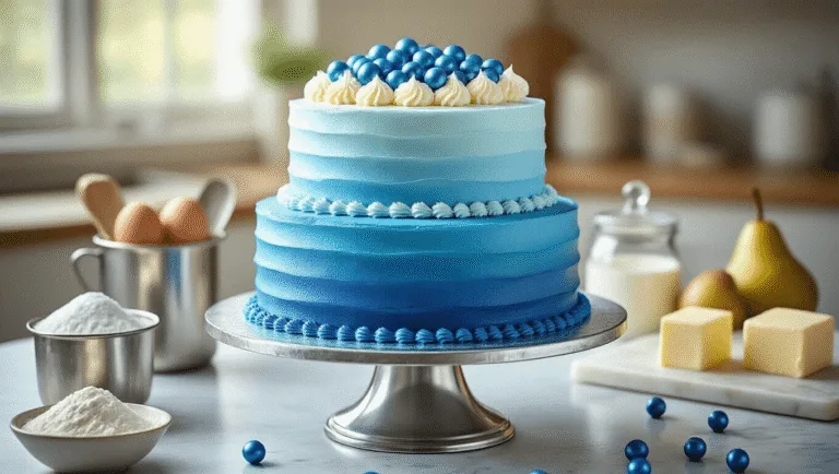 Photorealistic two-tiered blue ombré birthday cake on a silver pedestal, adorned with white chocolate curls and metallic blue sprinkles, surrounded by baking ingredients in a softly lit kitchen.