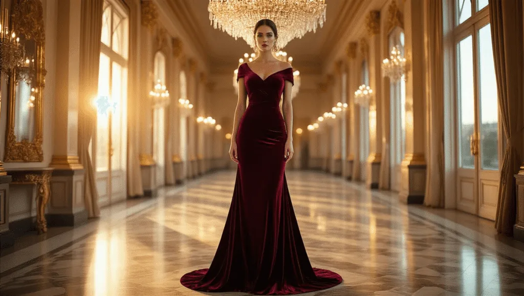 A burgundy velvet gown in an elegant ballroom during golden hour, featuring draping and gold accessories, illuminated by sparkling chandeliers and reflections in gilded mirrors.