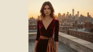 A model in a burgundy velvet midi dress poses on a rooftop terrace at sunset, with the city skyline and autumn-colored buildings in the background, showcasing luxury fashion in warm, atmospheric lighting.