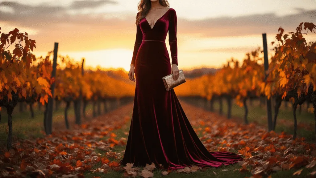 A model in a floor-length burgundy velvet gown stands in a rustic vineyard at golden hour, surrounded by autumn leaves; she holds a metallic clutch, illuminated by warm sunset light.