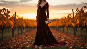 A model in a floor-length burgundy velvet gown stands in a rustic vineyard at golden hour, surrounded by autumn leaves; she holds a metallic clutch, illuminated by warm sunset light.
