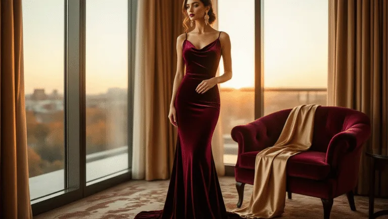A model in a burgundy velvet full-length gown poses in an elegant hotel suite during golden hour, with warm sunlight illuminating rich textures and vintage gold statement earrings, while a champagne-colored silk wrap rests on a velvet armchair.