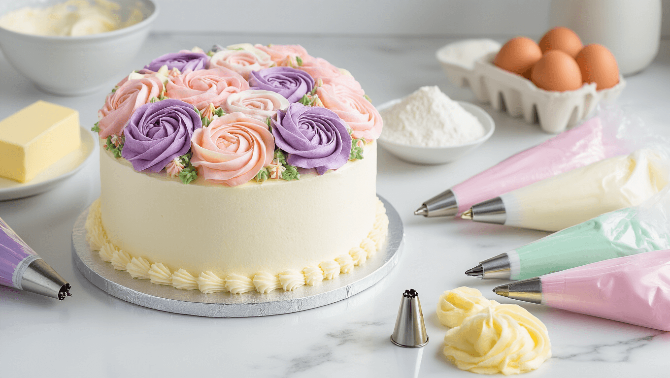 A beautifully staged buttercream flower cake preparation scene on a marble countertop, featuring a partially decorated 9-inch white cake with intricate pastel buttercream flowers, surrounded by piping bags and baking ingredients, illuminated by natural light.