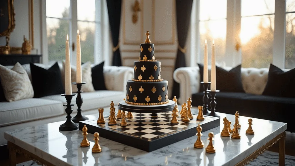 A luxurious living room set up for a chess-themed birthday party, featuring an elaborate chessboard runner, gold-dipped chess pieces, a two-tiered cake, plush velvet cushions, and a dramatic black and gold balloon arch, all captured during golden hour.