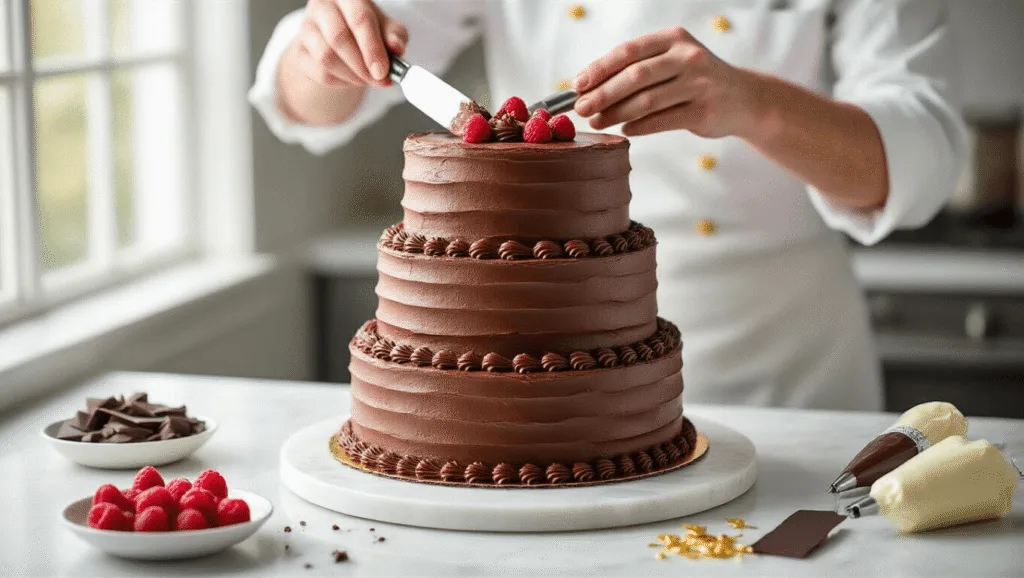 A skilled pastry chef decorates a luxurious three-layer chocolate birthday cake with rich chocolate buttercream on a white marble countertop, surrounded by fresh raspberries, dark chocolate shavings, and golden edible decorations, captured in soft natural lighting with a shallow depth of field.