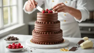 A skilled pastry chef decorates a luxurious three-layer chocolate birthday cake with rich chocolate buttercream on a white marble countertop, surrounded by fresh raspberries, dark chocolate shavings, and golden edible decorations, captured in soft natural lighting with a shallow depth of field.