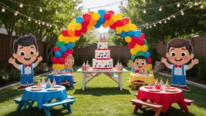 A vibrant backyard birthday party decorated with a grand primary color balloon arch, featuring a three-tiered Cocomelon cake, character-themed picnic tables, and life-sized cutouts of JJ and friends, all under warm string lights for a whimsical atmosphere.