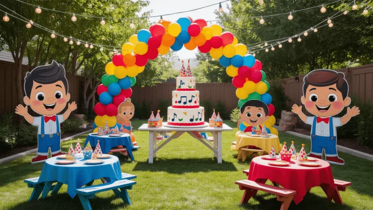 A vibrant backyard birthday party decorated with a grand primary color balloon arch, featuring a three-tiered Cocomelon cake, character-themed picnic tables, and life-sized cutouts of JJ and friends, all under warm string lights for a whimsical atmosphere.