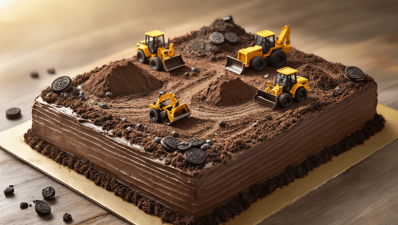 Aerial view of a photorealistic chocolate cake designed as a construction site, featuring Oreo crumbs as dirt, miniature construction vehicles, and carved frosting layers on a marble countertop.