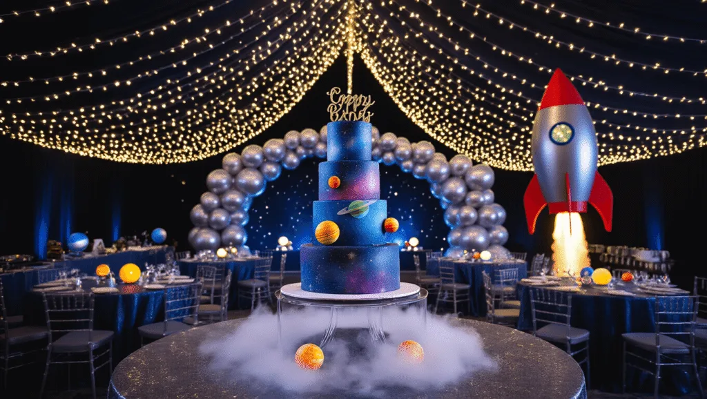 A cinematic wide-angle shot of a cosmic birthday party in a dimly lit ballroom, featuring a galaxy-themed cake on an acrylic stand, surrounded by dry ice mist, warm LED fairy lights creating a starry ceiling, and metallic balloon arch. Round tables with solar system centerpieces, an astronaut photo booth, and glow-in-the-dark elements are visible, all captured with dramatic lighting.