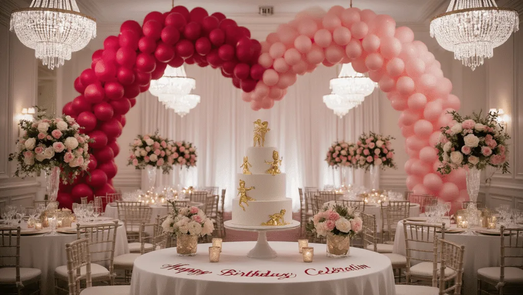 A dreamy indoor ballroom decorated for a Cupid-themed birthday party, featuring a heart-shaped balloon arch, a tiered cake with gold details, and elegant floral centerpieces, all bathed in warm, ethereal lighting.