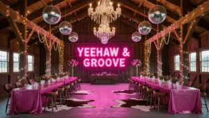 Cinematic wide shot of a rustic barn interior transformed into a disco cowgirl paradise, featuring rich wooden beams, twinkling fairy lights, pink sequin tablecloths, metallic disco balls, and an illuminated "YEEHAW & GROOVE" neon sign, all captured with warm lighting and detailed textures.