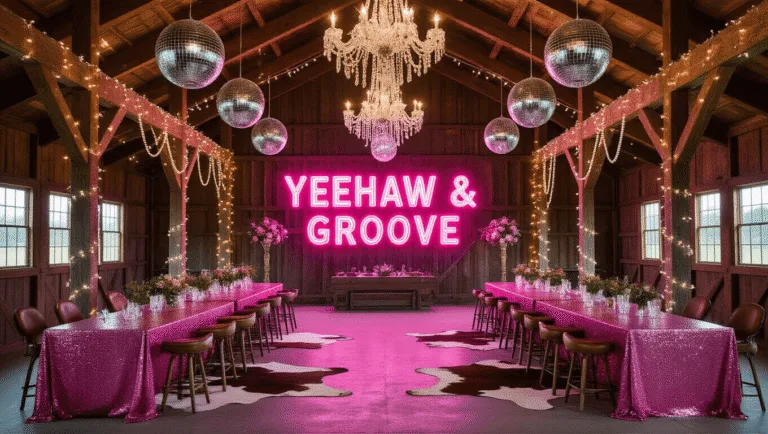 Cinematic wide shot of a rustic barn interior transformed into a disco cowgirl paradise, featuring rich wooden beams, twinkling fairy lights, pink sequin tablecloths, metallic disco balls, and an illuminated "YEEHAW & GROOVE" neon sign, all captured with warm lighting and detailed textures.