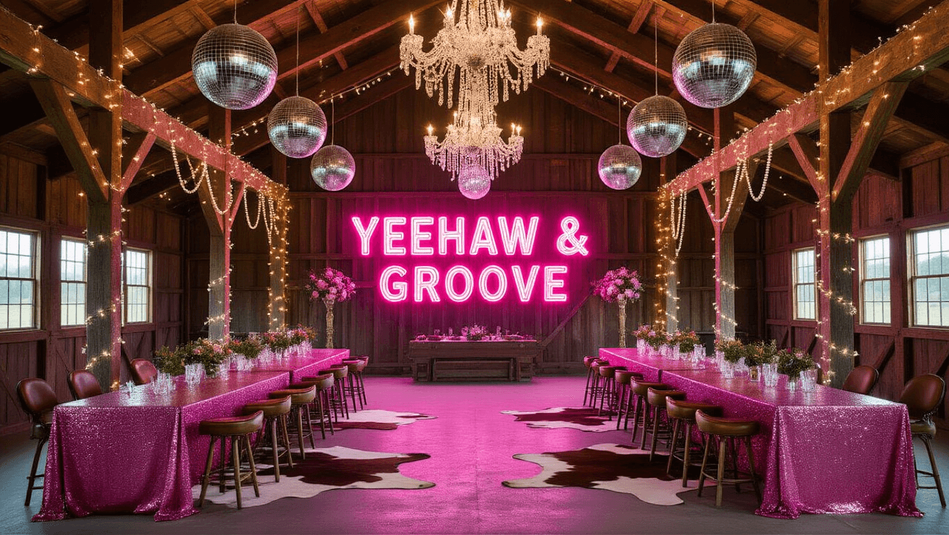 Cinematic wide shot of a rustic barn interior transformed into a disco cowgirl paradise, featuring rich wooden beams, twinkling fairy lights, pink sequin tablecloths, metallic disco balls, and an illuminated "YEEHAW & GROOVE" neon sign, all captured with warm lighting and detailed textures.