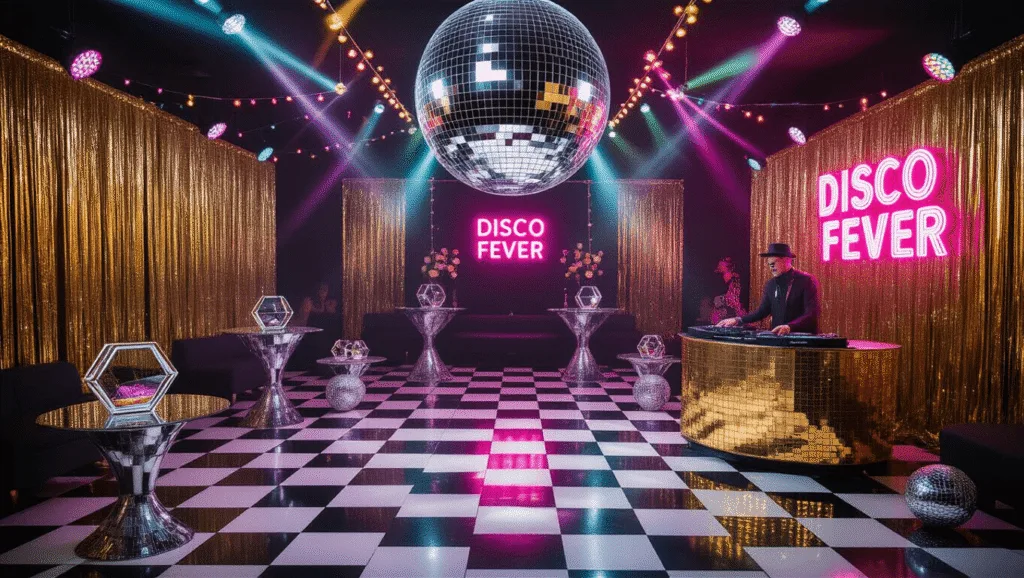 A vibrant disco party scene featuring a mirrored disco ball, a black and white checkered dance floor, glowing neon signage, and elegantly arranged lounge areas, all illuminated by colorful lights and atmospheric haze.