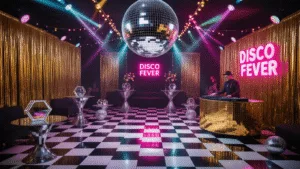 Disco Birthday Party: The Ultimate Guide to Throwing a Groovy 70s Celebration A vibrant disco party scene featuring a mirrored disco ball, a black and white checkered dance floor, glowing neon signage, and elegantly arranged lounge areas, all illuminated by colorful lights and atmospheric haze.