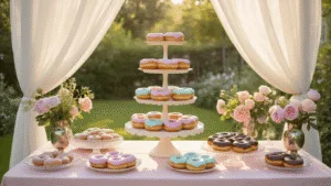 A sunlit backyard garden party featuring a grand farmhouse table with a pastel-themed donut display, surrounded by roses and peonies, under a canopy of balloons, with a DIY donut decorating station in the foreground.