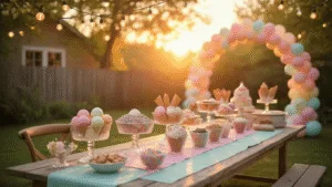 A whimsical backyard ice cream party during sunset, featuring a rustic farmhouse table adorned with pastel decorations, an elaborate sundae bar, children joyfully reaching for toppings, and ethereal string lights creating a magical atmosphere.