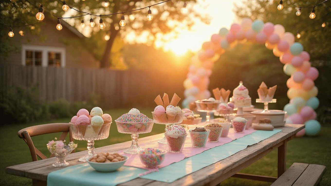 A whimsical backyard ice cream party during sunset, featuring a rustic farmhouse table adorned with pastel decorations, an elaborate sundae bar, children joyfully reaching for toppings, and ethereal string lights creating a magical atmosphere.