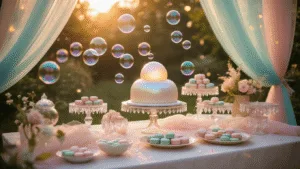 A whimsical garden party at golden hour, featuring iridescent bubbles, an elegant dessert table with a bubble-shaped cake, children playing with giant bubble wands, and soft tulle drapery amidst a dreamy, ethereal atmosphere.