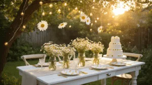 A whimsical backyard garden party at golden hour featuring a white farmhouse table with mason jars of daisies, fairy lights overhead, oversized paper daisies, vintage china, and a three-tiered cake, all set on lush green grass with soft pastel cushions.