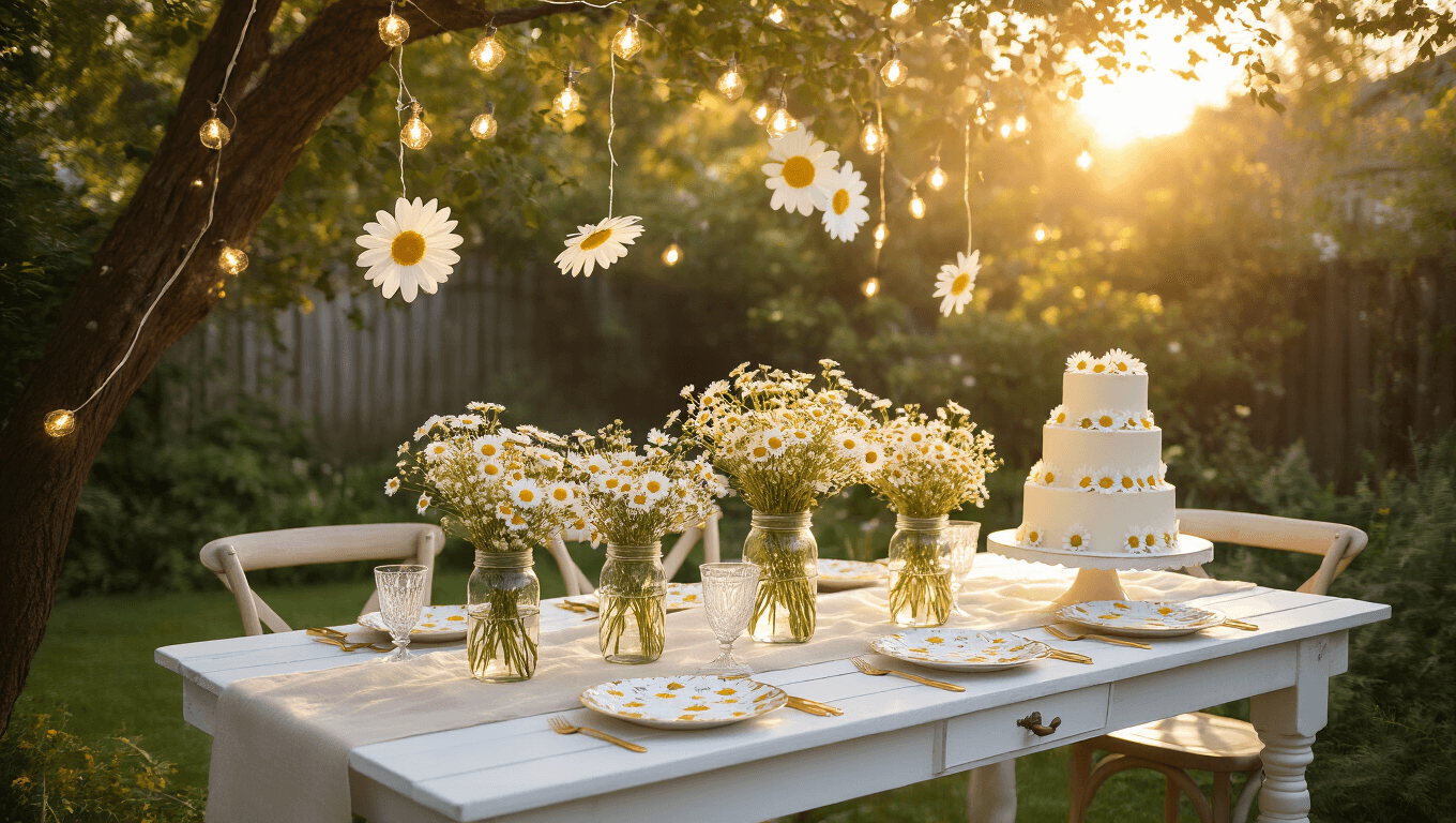 A whimsical backyard garden party at golden hour featuring a white farmhouse table with mason jars of daisies, fairy lights overhead, oversized paper daisies, vintage china, and a three-tiered cake, all set on lush green grass with soft pastel cushions.