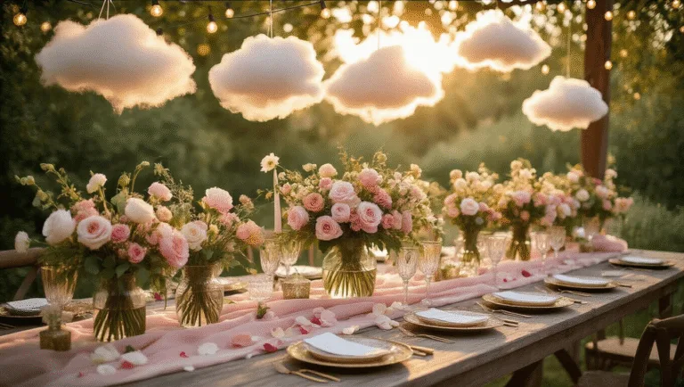 A dreamy garden party setup featuring a rustic wooden table adorned with a blush pink silk runner, vintage glass vases filled with pastel flowers, and twinkling string lights overhead, captured during golden hour with a soft bokeh effect.