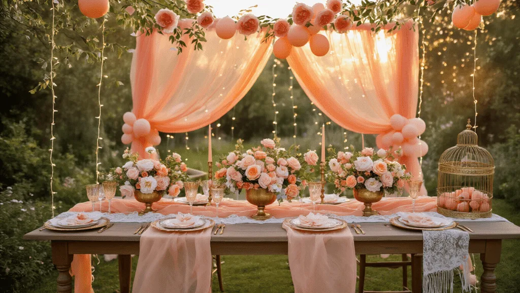 A whimsical outdoor garden party setup at golden hour, featuring a long farmhouse table with a peach silk runner, gold-rimmed place settings, floral centerpieces, and warm fairy lights overhead, all enveloped in a dreamy bokeh effect.