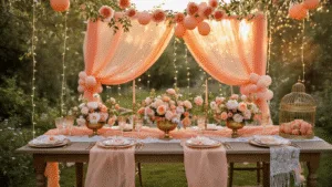 A whimsical outdoor garden party setup at golden hour, featuring a long farmhouse table with a peach silk runner, gold-rimmed place settings, floral centerpieces, and warm fairy lights overhead, all enveloped in a dreamy bokeh effect.