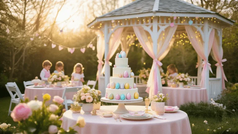 A sun-drenched garden party featuring a white gazebo adorned with pastel ribbons and fairy lights, tables with spring flower centerpieces, a 3-tier birthday cake with watercolor Easter eggs, and children in pastel outfits hunting for eggs, all captured in a soft-focus, magical atmosphere.