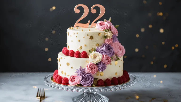 Photorealistic two-tiered birthday cake with pearl-white frosting, gold accents, fresh raspberries, and pink and lavender flowers, displayed on a crystal stand against a dark backdrop. A rose gold "22" topper sits atop the cake.