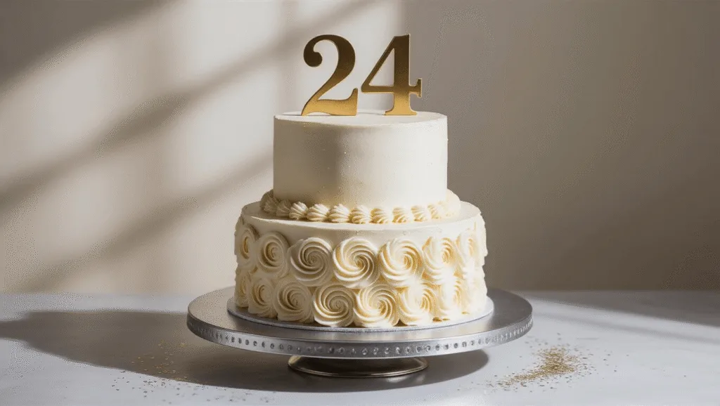 Photorealistic two-tiered birthday cake with white buttercream frosting and gold accents on a metallic silver stand, softly illuminated with a cinematic light, decorated with delicate rosettes, a gold "24" topper, and edible glitter, shot from a 15-degree elevated angle.