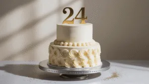 Photorealistic two-tiered birthday cake with white buttercream frosting and gold accents on a metallic silver stand, softly illuminated with a cinematic light, decorated with delicate rosettes, a gold "24" topper, and edible glitter, shot from a 15-degree elevated angle.
