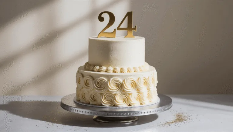 Photorealistic two-tiered birthday cake with white buttercream frosting and gold accents on a metallic silver stand, softly illuminated with a cinematic light, decorated with delicate rosettes, a gold "24" topper, and edible glitter, shot from a 15-degree elevated angle.
