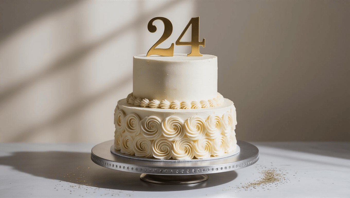 Photorealistic two-tiered birthday cake with white buttercream frosting and gold accents on a metallic silver stand, softly illuminated with a cinematic light, decorated with delicate rosettes, a gold "24" topper, and edible glitter, shot from a 15-degree elevated angle.