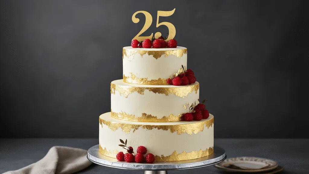 Elegant three-tiered birthday cake with pearl-white buttercream frosting and gold leaf accents on a silver pedestal, featuring fresh red berries and a gold "25" topper, against a dark charcoal backdrop.