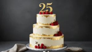 Elegant three-tiered birthday cake with pearl-white buttercream frosting and gold leaf accents on a silver pedestal, featuring fresh red berries and a gold "25" topper, against a dark charcoal backdrop.
