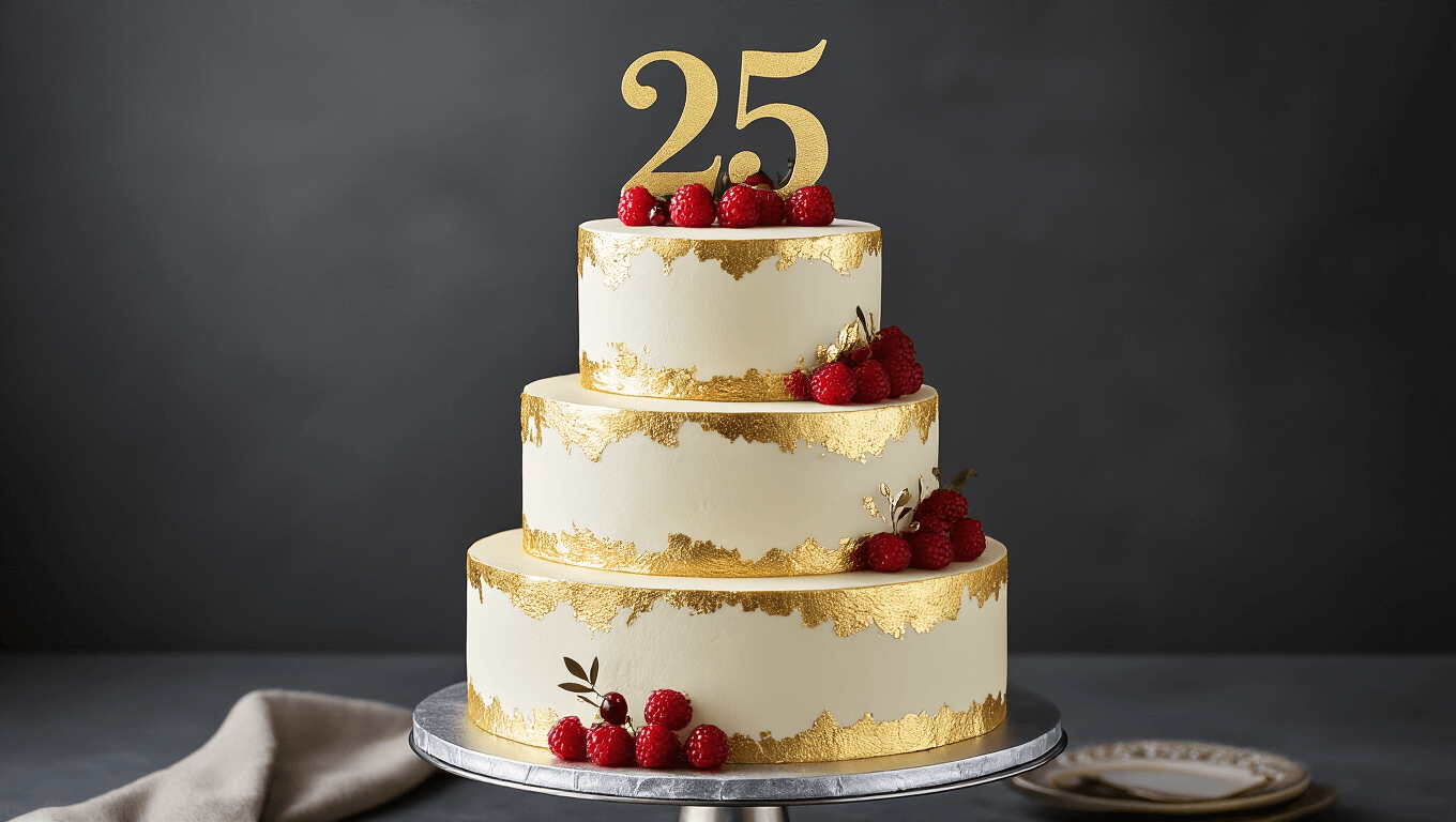Elegant three-tiered birthday cake with pearl-white buttercream frosting and gold leaf accents on a silver pedestal, featuring fresh red berries and a gold "25" topper, against a dark charcoal backdrop.