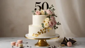Photorealistic image of a luxurious two-tier 50th birthday cake on a gold stand, featuring white buttercream frosting with gold leaf accents, fresh pastel roses, a black and gold "50" topper, and artistic clusters of macarons, highlighted by dramatic side lighting and a soft-focus background.