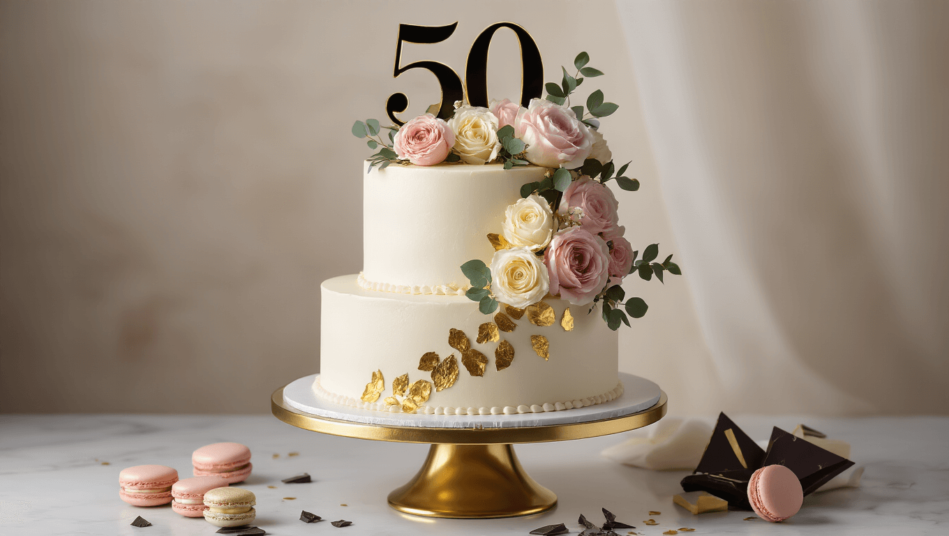 Photorealistic image of a luxurious two-tier 50th birthday cake on a gold stand, featuring white buttercream frosting with gold leaf accents, fresh pastel roses, a black and gold "50" topper, and artistic clusters of macarons, highlighted by dramatic side lighting and a soft-focus background.
